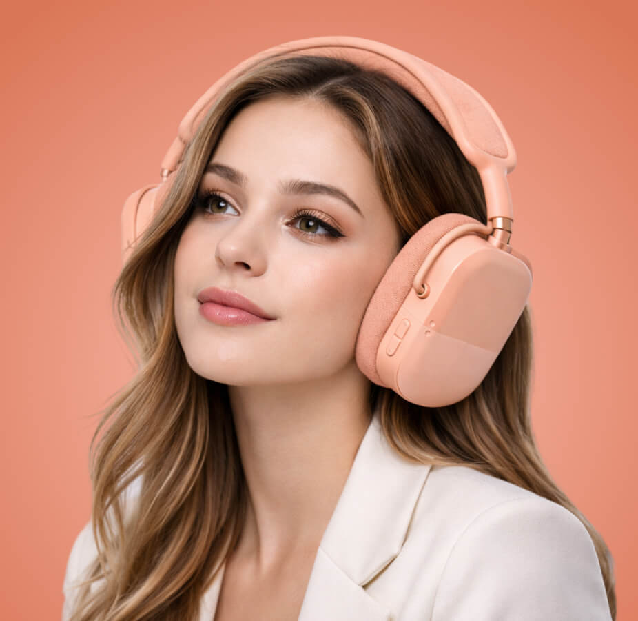 Woman wearing pink headphones against a peach background